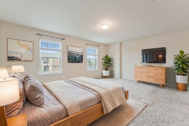 carpeted bedroom with a textured ceiling