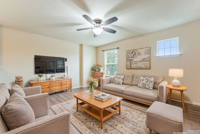 living room featuring ceiling fan, wood-type flooring, and a textured ceiling