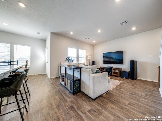 living room with a textured ceiling and hardwood / wood-style floors