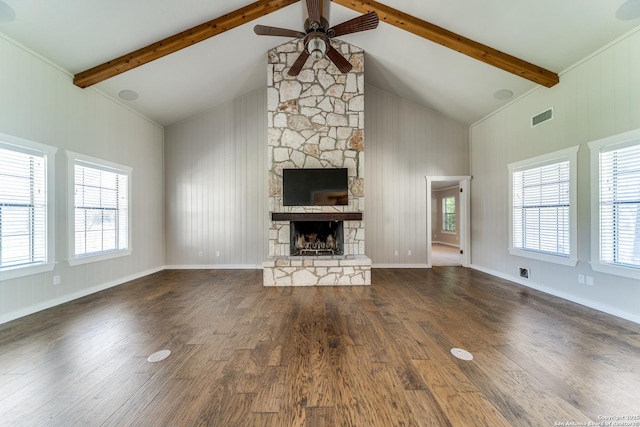 unfurnished living room featuring a fireplace, high vaulted ceiling, beam ceiling, and ceiling fan