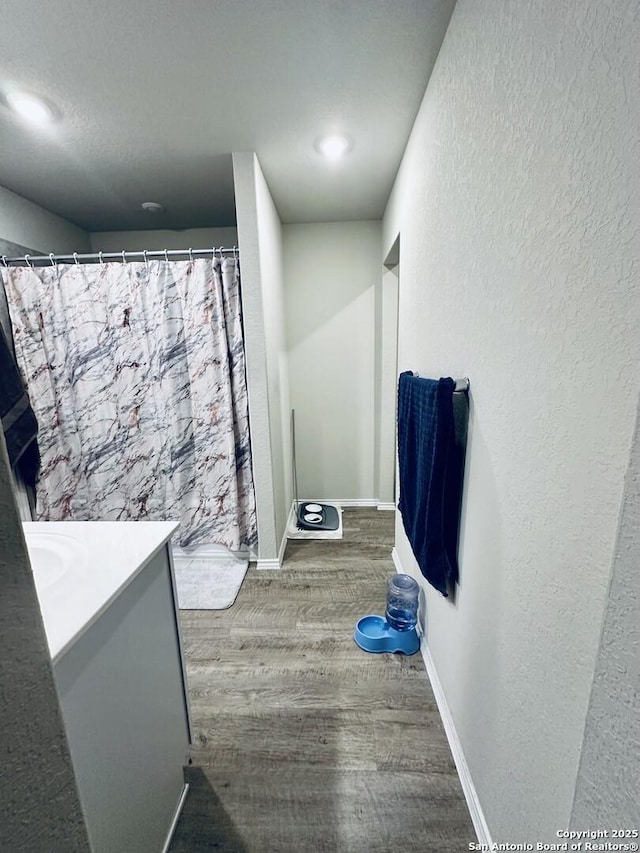 bathroom with vanity and wood-type flooring