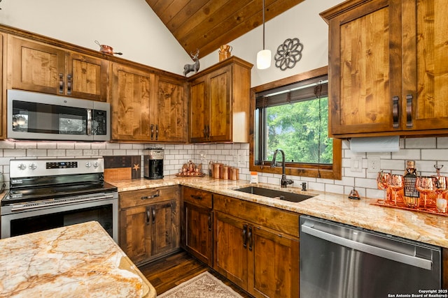 kitchen with wooden ceiling, sink, decorative light fixtures, stainless steel appliances, and lofted ceiling