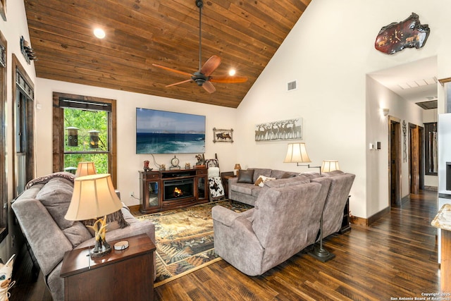 living room featuring ceiling fan, dark hardwood / wood-style floors, high vaulted ceiling, and wood ceiling