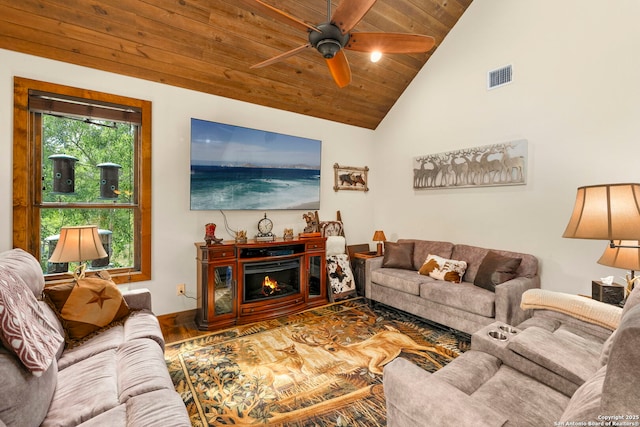 living room with ceiling fan, wood-type flooring, lofted ceiling, and wood ceiling