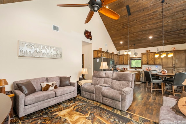 living room featuring ceiling fan, sink, dark wood-type flooring, wood ceiling, and high vaulted ceiling