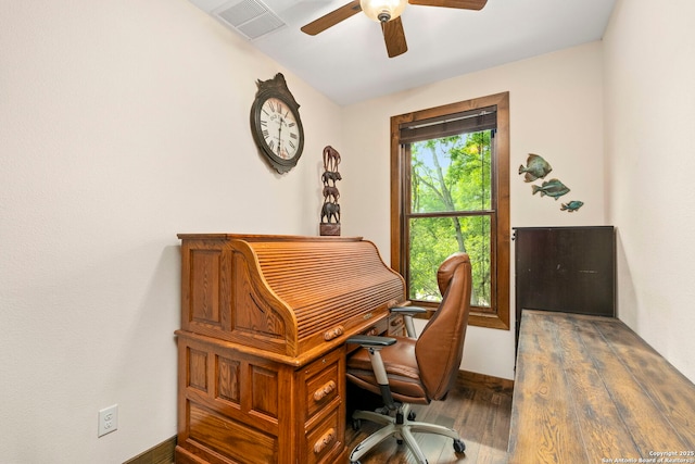 office space featuring hardwood / wood-style flooring and ceiling fan