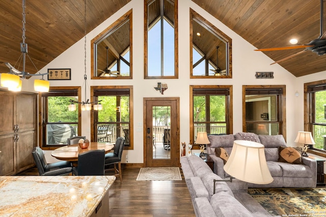 living room featuring ceiling fan, high vaulted ceiling, a wealth of natural light, and dark hardwood / wood-style flooring