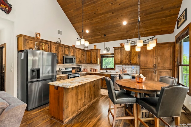 kitchen featuring a kitchen island, backsplash, hanging light fixtures, and stainless steel appliances