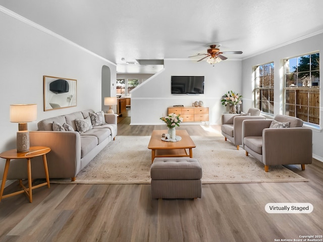 living room with wood-type flooring, ceiling fan, and ornamental molding