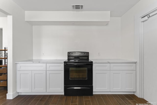 kitchen with white cabinetry, black electric range oven, and light stone counters