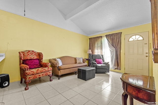 tiled living room featuring lofted ceiling with beams