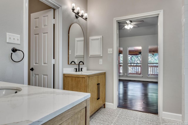 bathroom featuring vanity, tile patterned floors, and ceiling fan