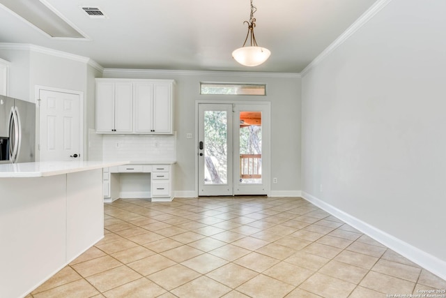 kitchen featuring french doors, stainless steel refrigerator with ice dispenser, light tile patterned floors, and decorative backsplash