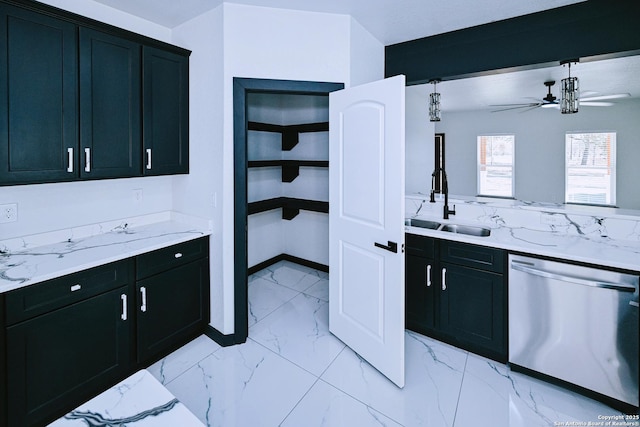 kitchen with ceiling fan, dishwasher, light stone countertops, and sink