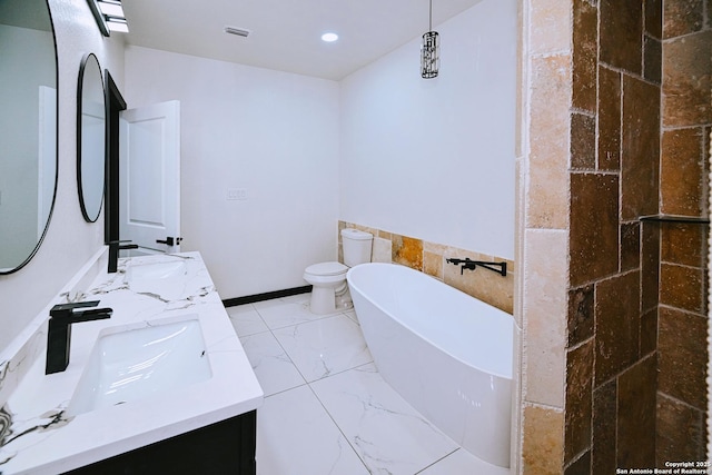 bathroom with a washtub, vanity, and toilet