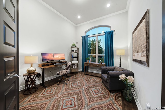 office space featuring crown molding and hardwood / wood-style flooring