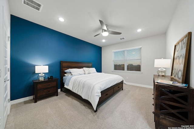 carpeted bedroom with ceiling fan