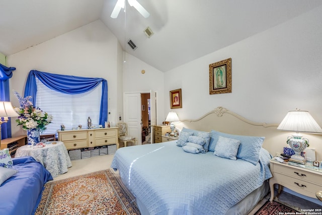 bedroom featuring ceiling fan and vaulted ceiling