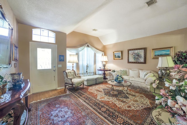 living room with lofted ceiling, wood-type flooring, and a textured ceiling