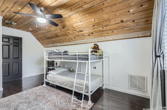 bedroom with ceiling fan, wood ceiling, vaulted ceiling, and dark wood-type flooring