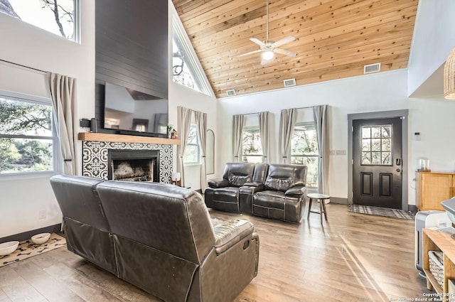 living room featuring a tile fireplace, wood ceiling, high vaulted ceiling, light wood-type flooring, and ceiling fan