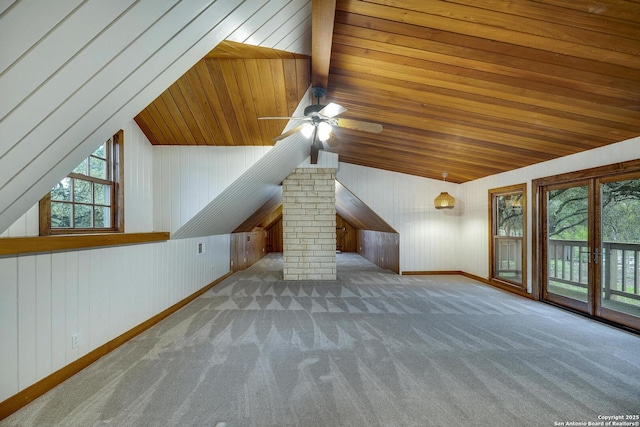 bonus room featuring vaulted ceiling, wooden ceiling, ceiling fan, and carpet flooring