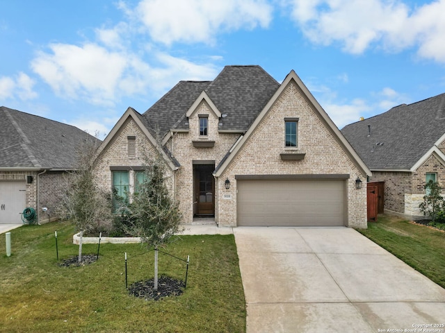 french country style house with a front lawn and a garage