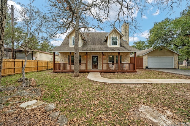 view of front facade featuring a garage, a front lawn, an outbuilding, and a porch