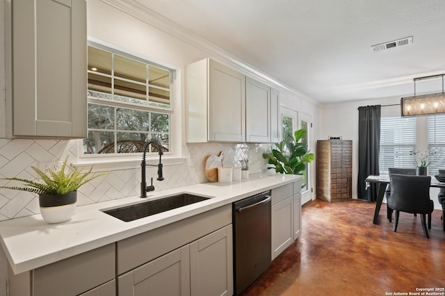 kitchen with gray cabinets, backsplash, dishwasher, pendant lighting, and sink