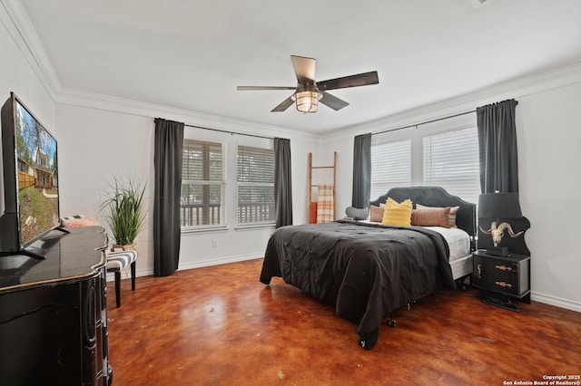 bedroom featuring ceiling fan, concrete flooring, and ornamental molding