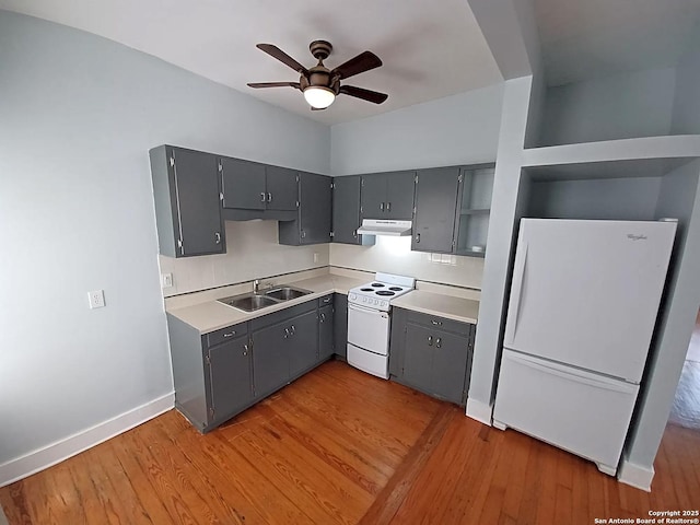 kitchen featuring gray cabinetry, sink, light hardwood / wood-style flooring, and white appliances