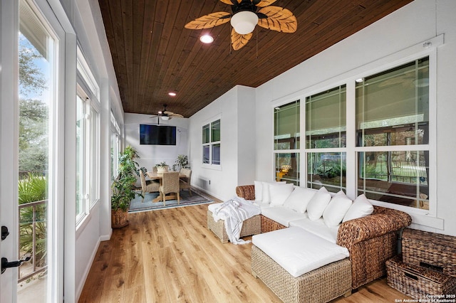 sunroom featuring wooden ceiling and ceiling fan