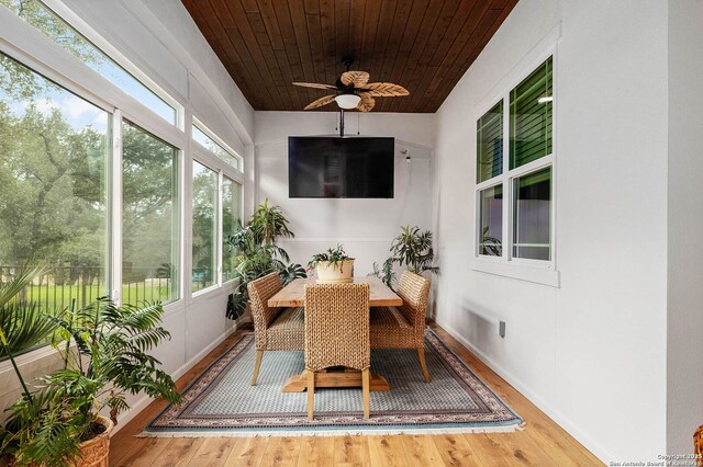 sunroom featuring ceiling fan and wood ceiling