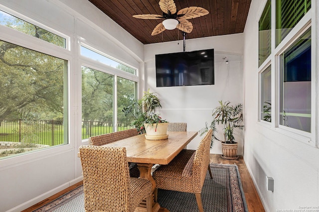 sunroom / solarium featuring ceiling fan and wood ceiling