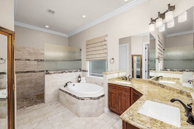 bathroom featuring shower with separate bathtub, vanity, tile patterned floors, and ornamental molding