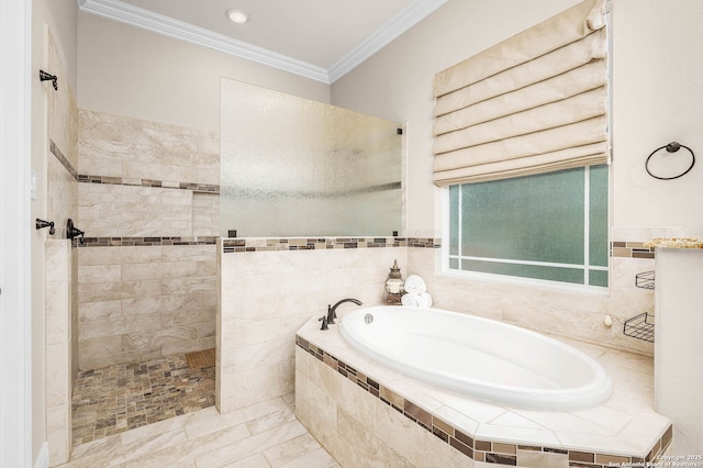 bathroom with ornamental molding, plus walk in shower, and tile patterned floors