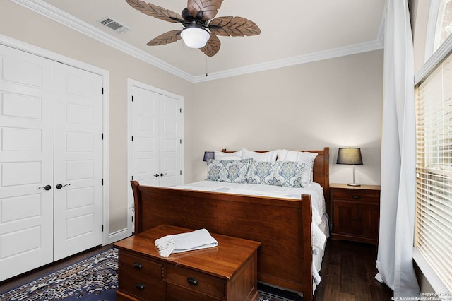 bedroom with two closets, ceiling fan, ornamental molding, and dark hardwood / wood-style floors