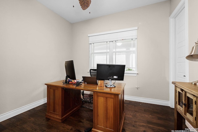 office with ceiling fan and dark wood-type flooring