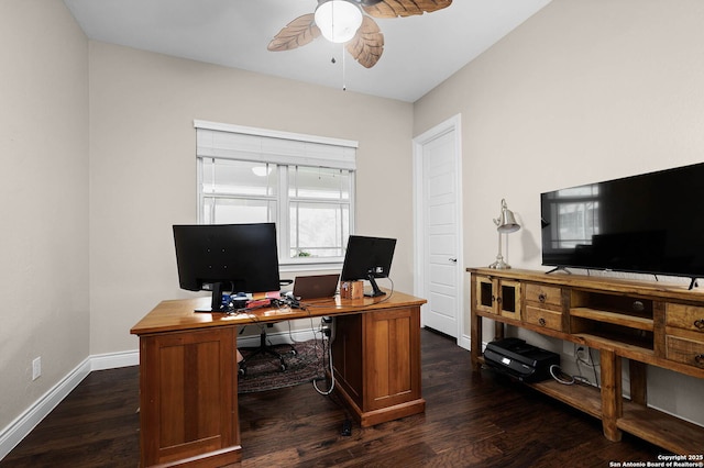 home office with ceiling fan and dark hardwood / wood-style floors