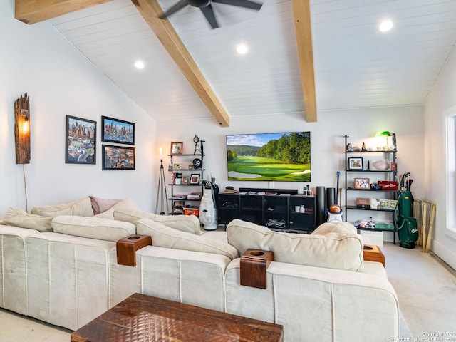 living room featuring ceiling fan, light colored carpet, and vaulted ceiling with beams