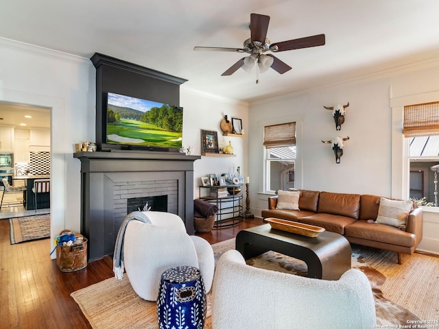 living room with crown molding, dark hardwood / wood-style flooring, ceiling fan, and a fireplace