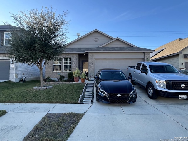 ranch-style home featuring a front lawn and a garage