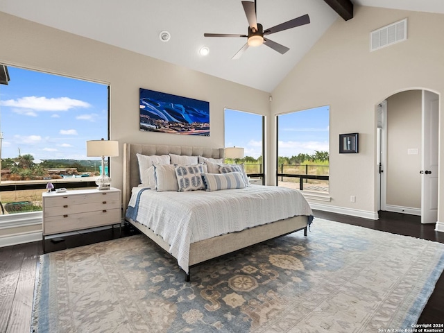 bedroom with beamed ceiling, ceiling fan, dark hardwood / wood-style floors, high vaulted ceiling, and multiple windows