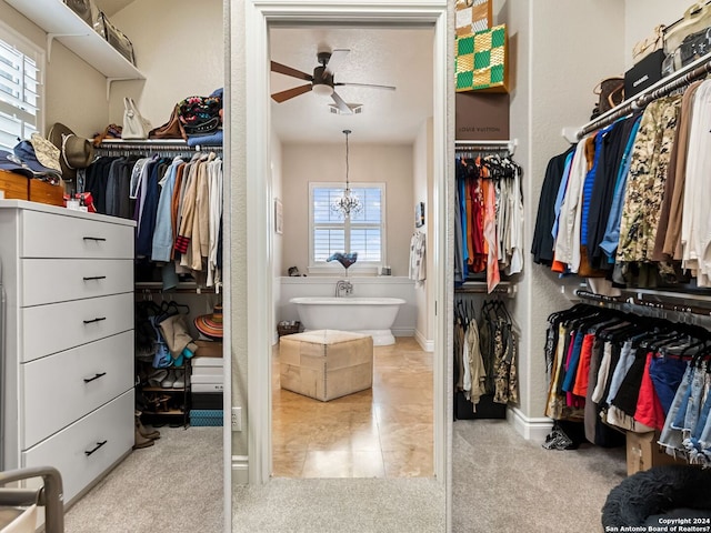 spacious closet with ceiling fan and light carpet