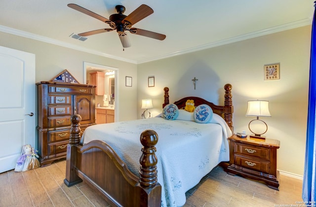 bedroom with ceiling fan, connected bathroom, and crown molding