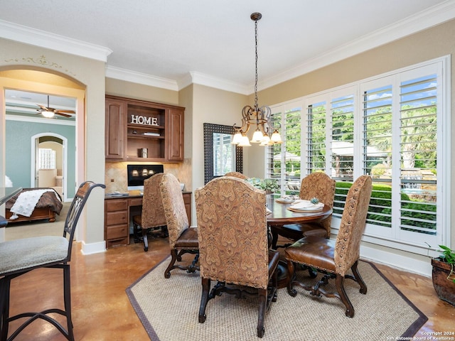 dining room featuring ornamental molding and ceiling fan with notable chandelier