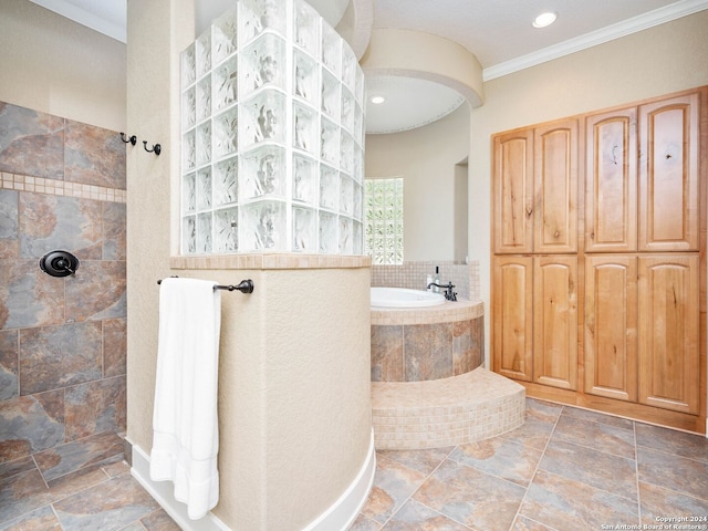 bathroom with ornamental molding and plus walk in shower