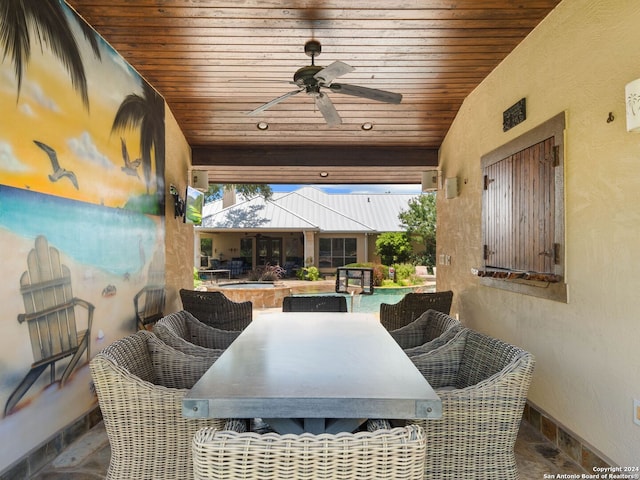 view of patio / terrace featuring ceiling fan and a bar