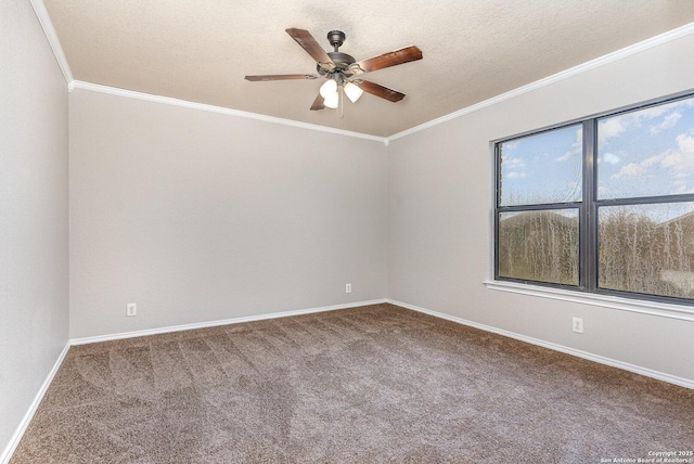 carpeted empty room featuring a textured ceiling, ceiling fan, and crown molding