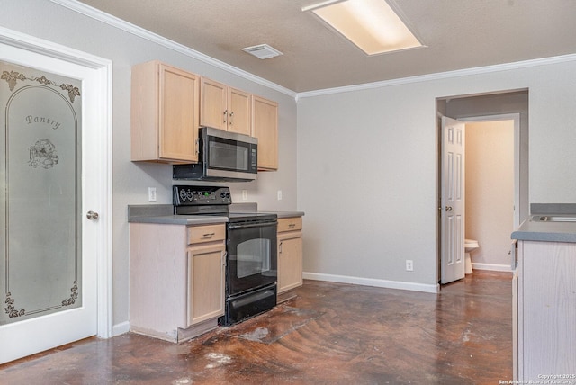 kitchen with light brown cabinetry, ornamental molding, black electric range, and sink